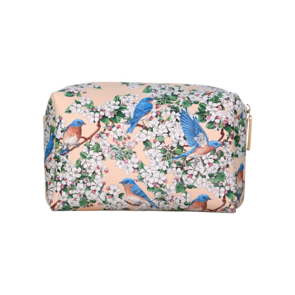 digital printed birds design faux leather cosmetic bag