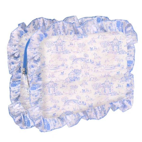 machine silk screen printed cotton toile ruffle edge pouch
