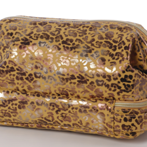 Signature Beauty Case in metallic leopard print with a spacious top section and zippered lower compartment.