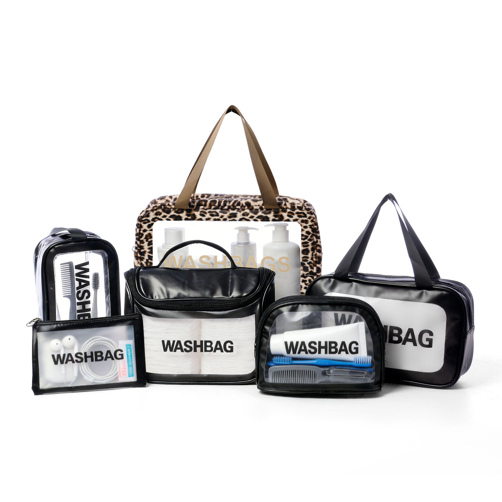 wholesale brown leopard print 6 piece travel organizer bag set