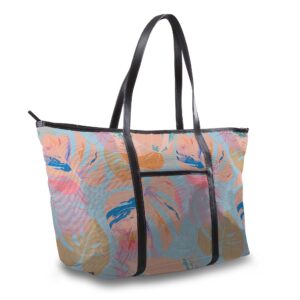 ALT A large RPET canvas tote bag with a soft pastel tropical leaf print, featuring black genuine leather handles that wrap around the base, leather-trimmed top edge, an outer slip pocket wit