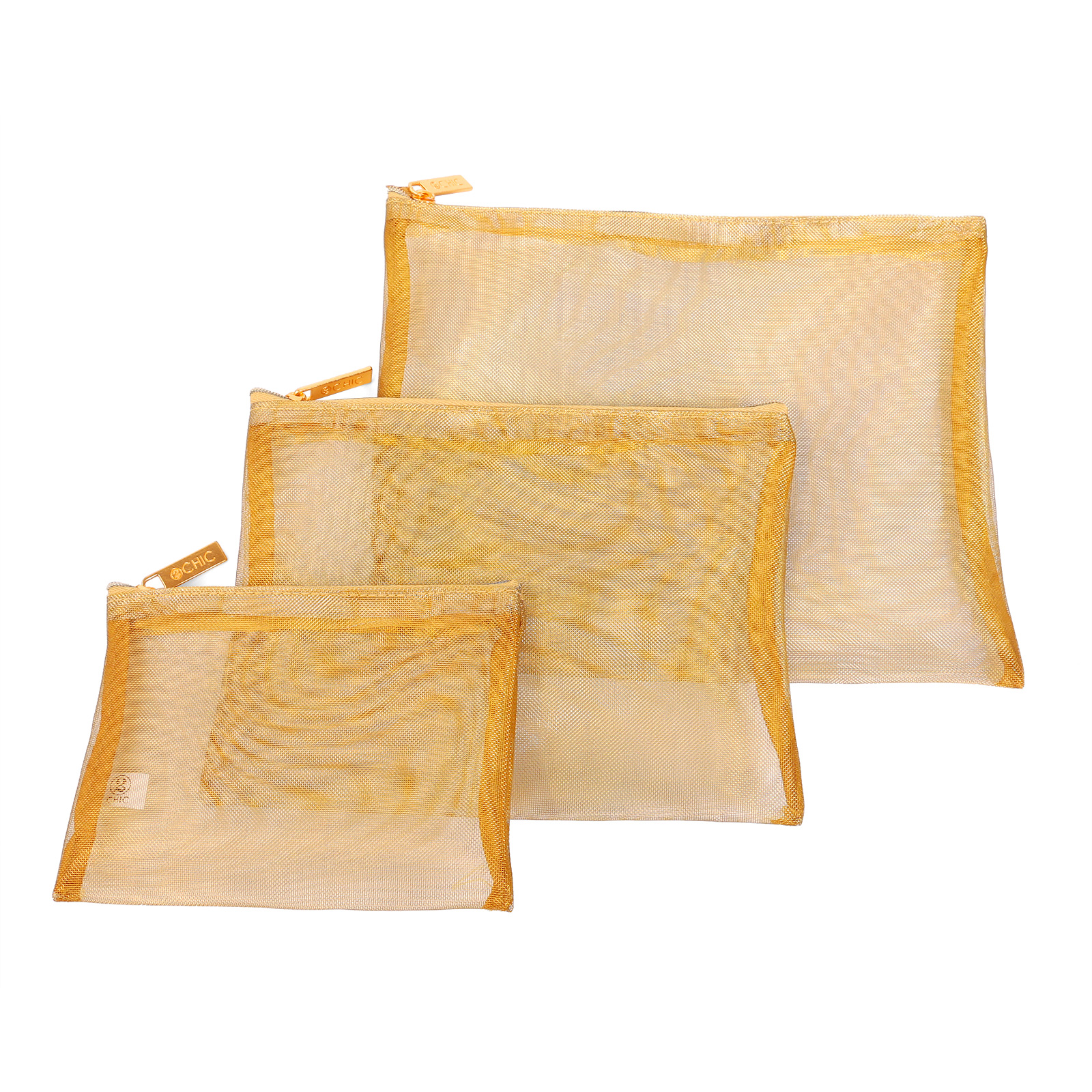 ALT A set of three gold mesh pouches in large, medium, and small sizes, each featuring a main zippered compartment and a front zippered pocket with gold branded pulls
