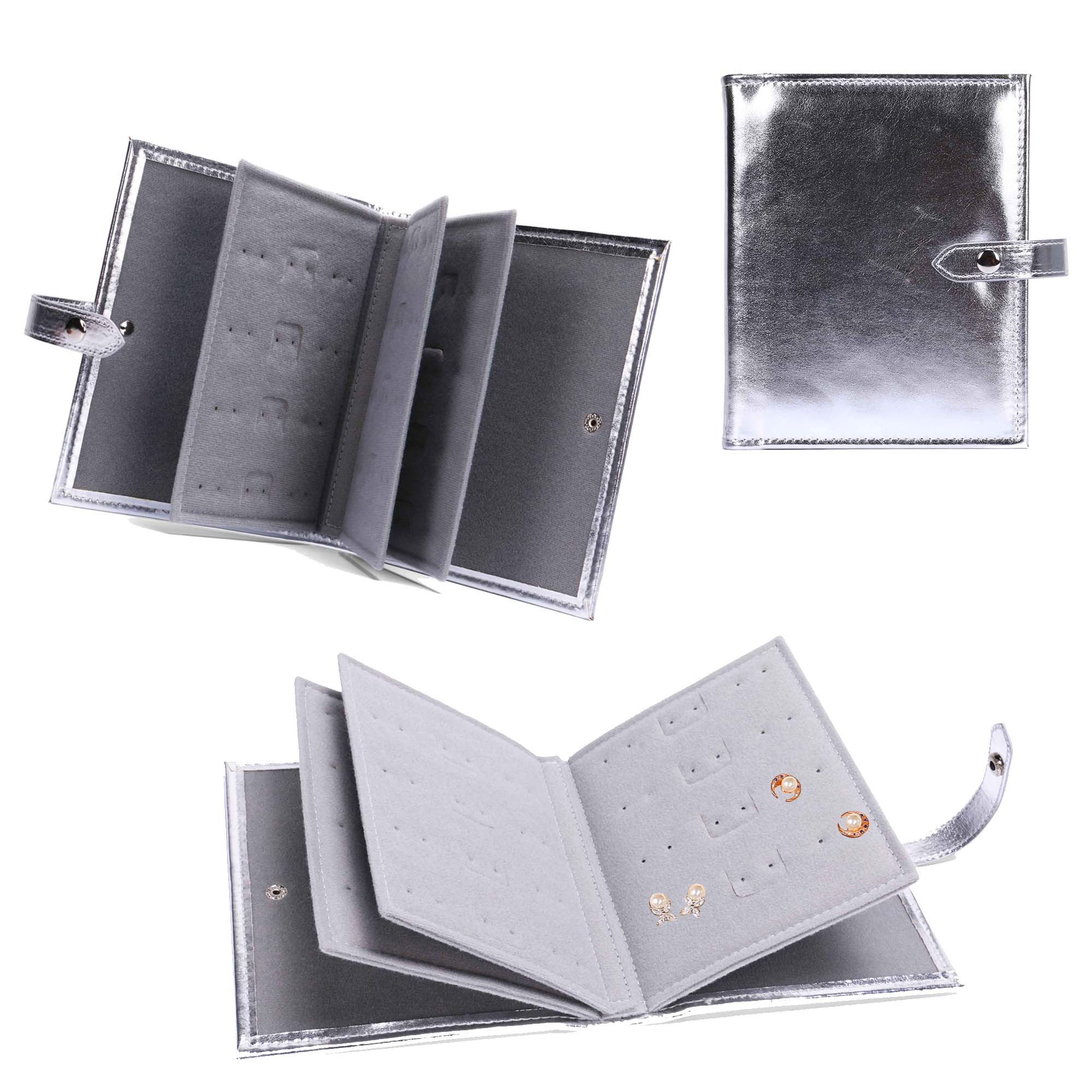 ALT A silver foil PU leather earring organizer book shown both open and closed, with three gray velvet insert pages featuring pre-punched holes for earrings, and a snap button