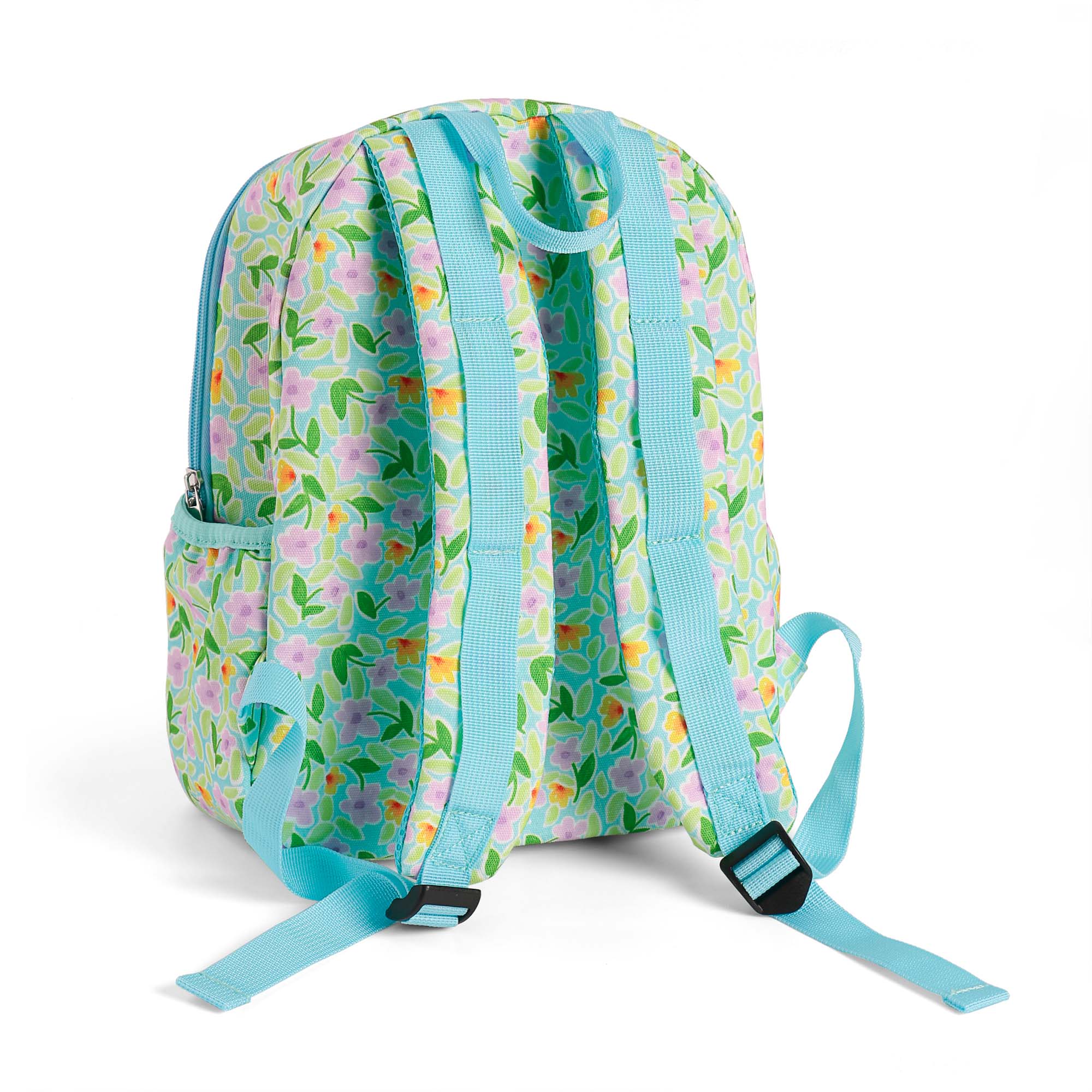 ALT Back view of a floral print RPET backpack showing the padded back panel, adjustable light blue webbing shoulder straps, and a top carrying handle