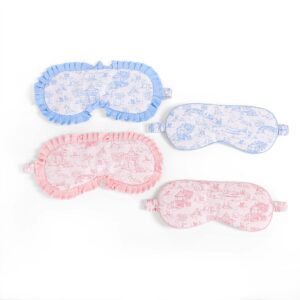 ALT Four Toile print cotton eye masks arranged on a white surface, featuring both ruffle and piping trim in soft pink and blue colorways, each with a fabric-covered elastic strap.