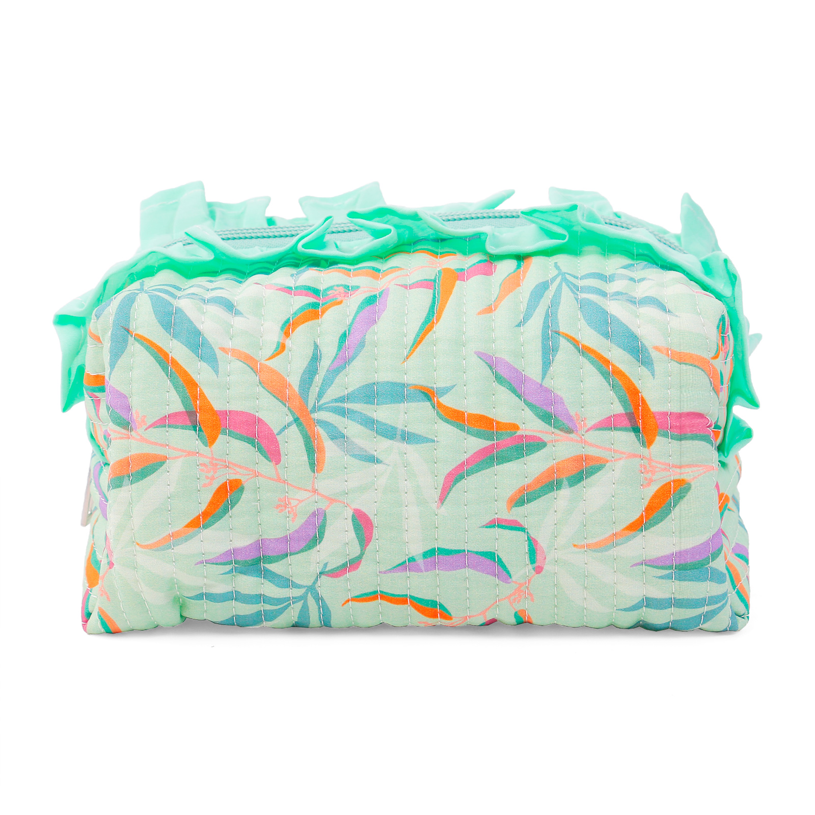 ALT Front view of a mint green leaf-print cotton makeup bag featuring vertical channel quilting, a central silver zipper, and a mint green ruffled trim on both sides of the zipper