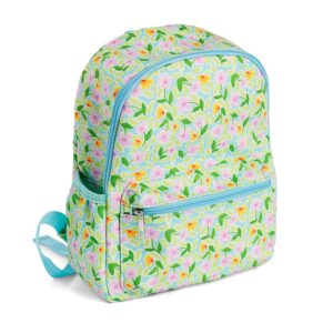 ALT Side angle of an eco-friendly floral backpack with a front zippered pocket, a light blue main zipper, elastic side pockets for a water bottle or umbrella, and adjustable shoulder