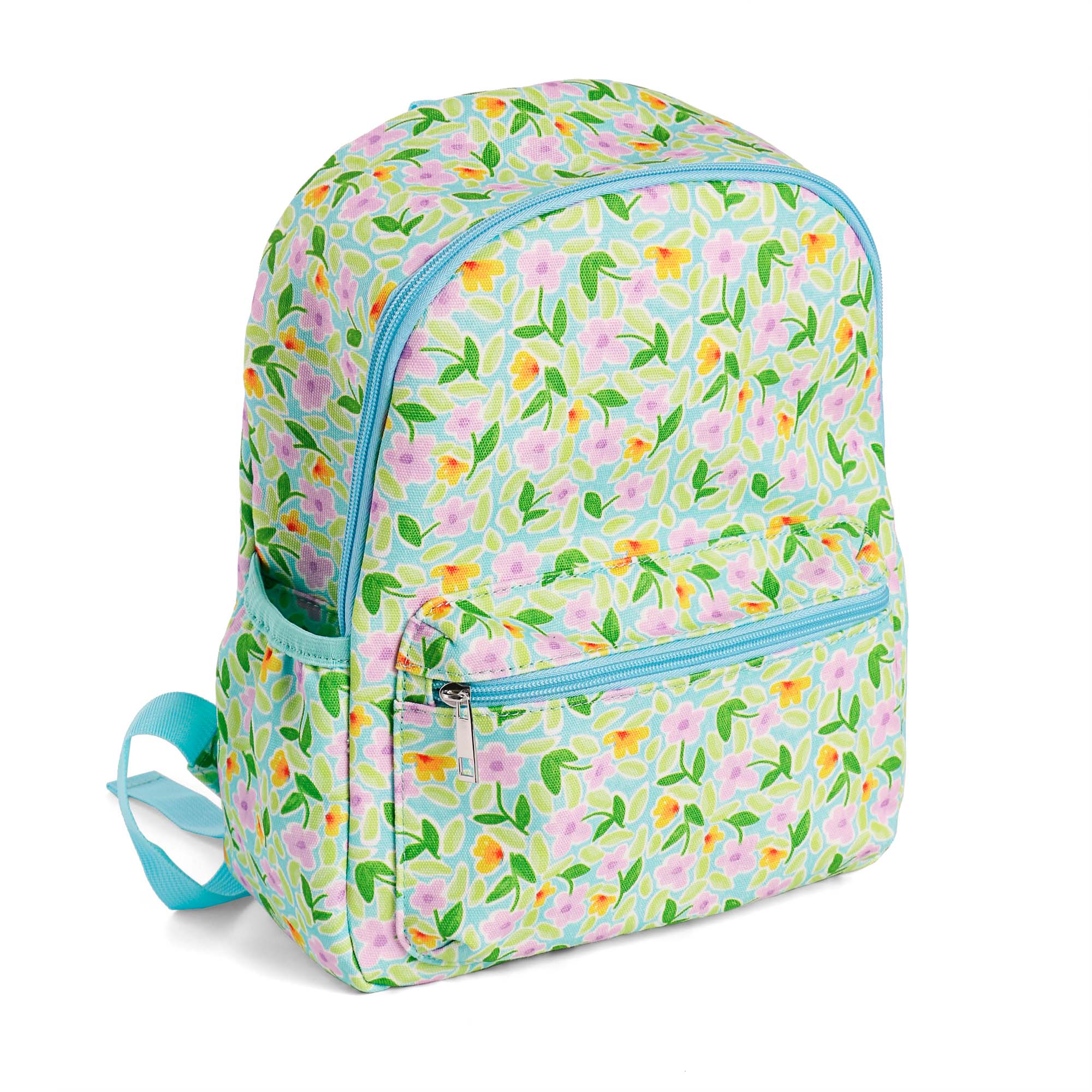 ALT Side angle of an eco-friendly floral backpack with a front zippered pocket, a light blue main zipper, elastic side pockets for a water bottle or umbrella, and adjustable shoulder