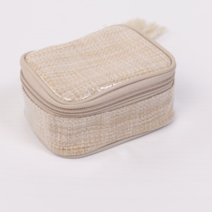Front view of a rectangular woven storage pouch in beige with a clear PVC cover, a zipper closure, and a beige tasse