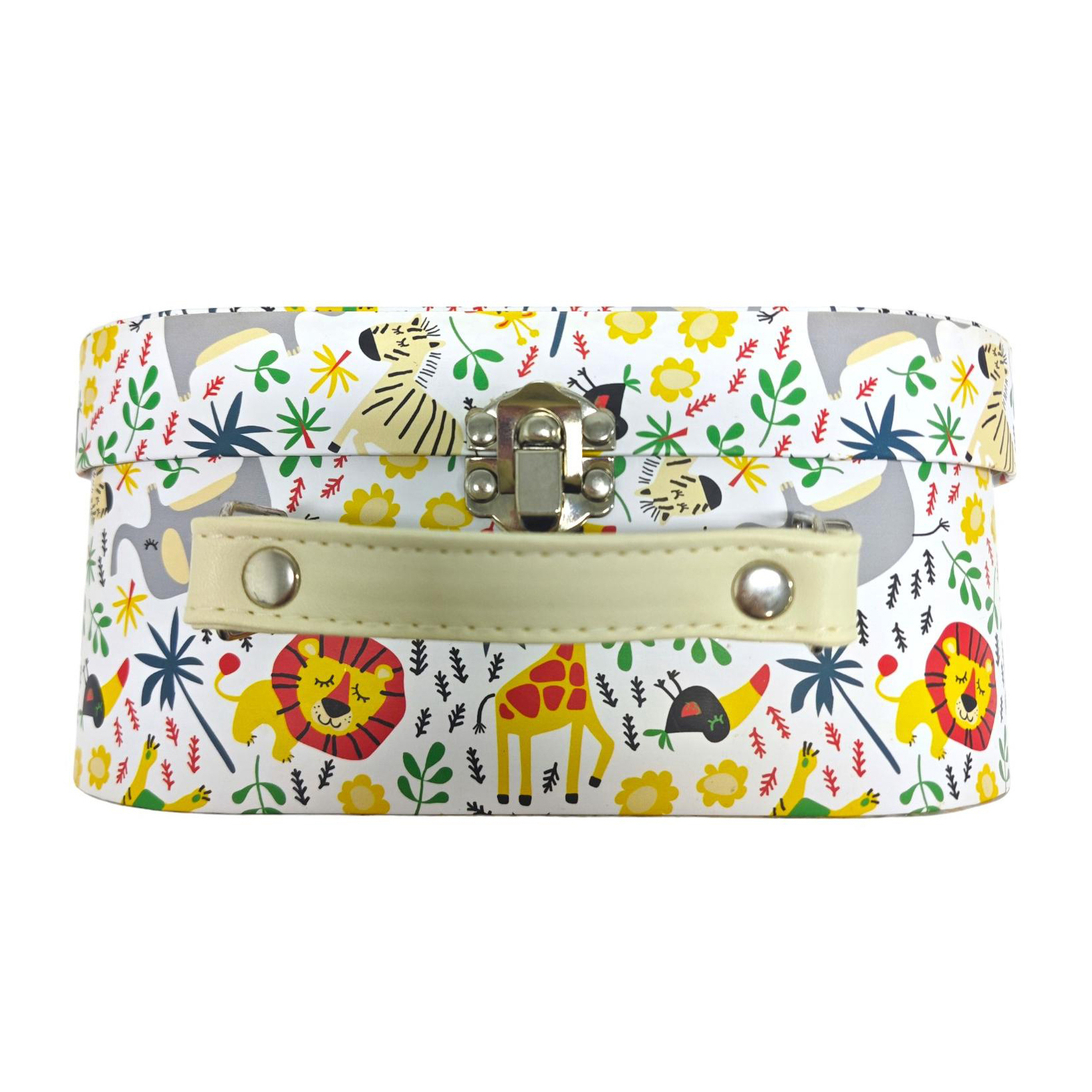 Front view of a white cardboard carry case with a colorful cartoon animal print, featuring a cream-colored leather handle secured with silver rivets and a silver metal lock clasp
