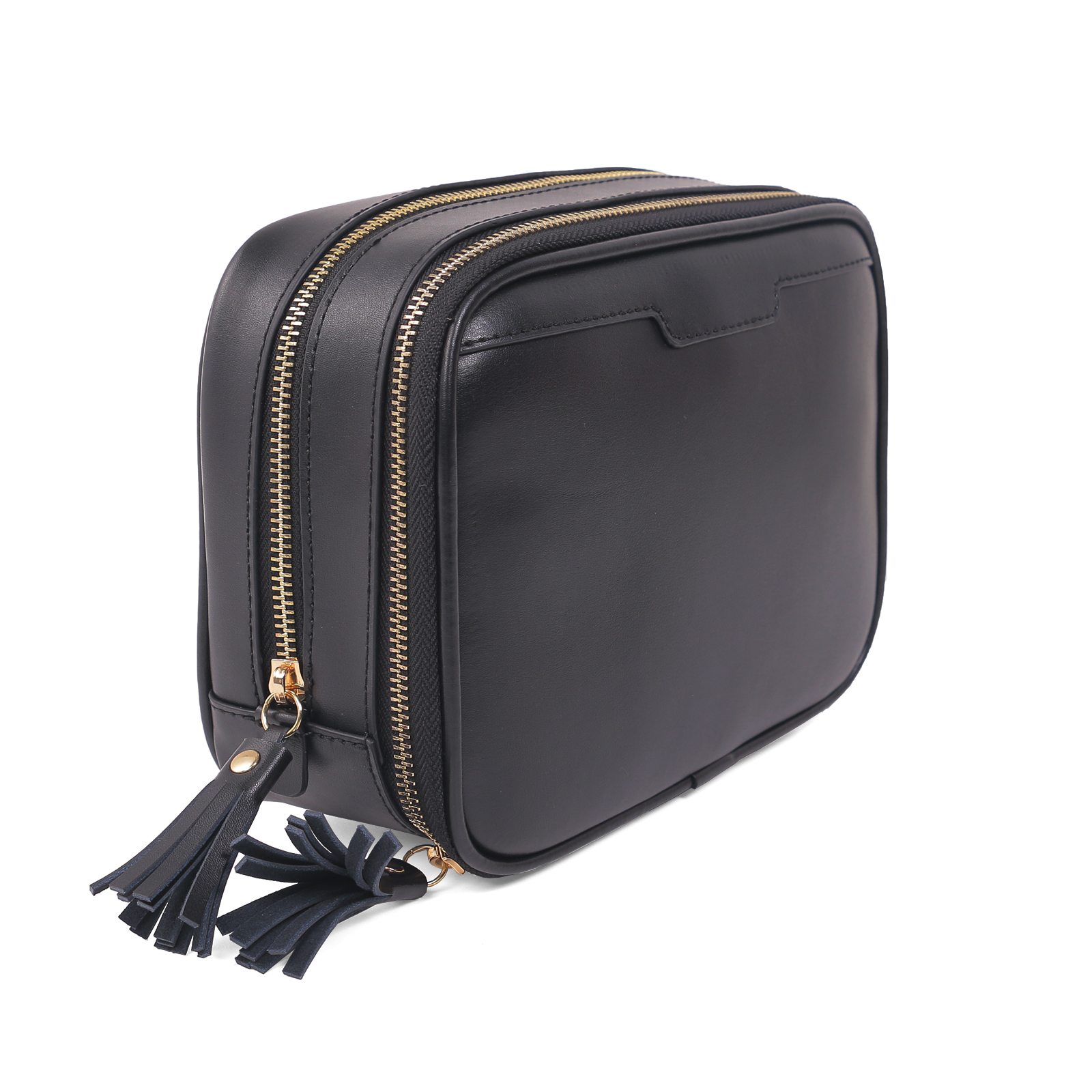 Side view of a black PU leather travel wash bag featuring two separate zipper closures with gold-tone hardware and black leather tassel pulls