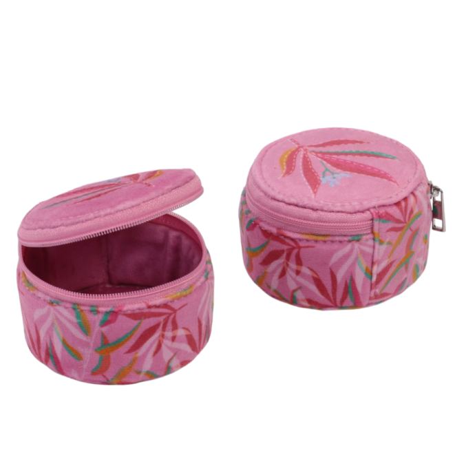 ALT A pink round velvet jewelry box shown both open and closed, featuring an embroidered floral design on the lid and a printed leaf pattern on the body, with a soft pink interior