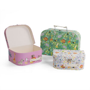 Three sets of 2-piece cardboard carry cases with cute animal prints, shown in green forest, pink, and off-white colorways, featuring curved edges, leather handles, and metal locks.