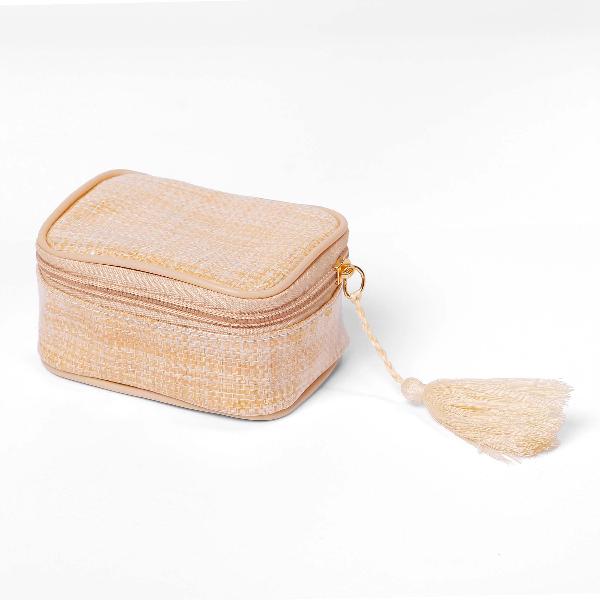 A beige woven texture storage pouch with a clear waterproof PVC outer layer and a gold-tone zipper pull attached to a beig