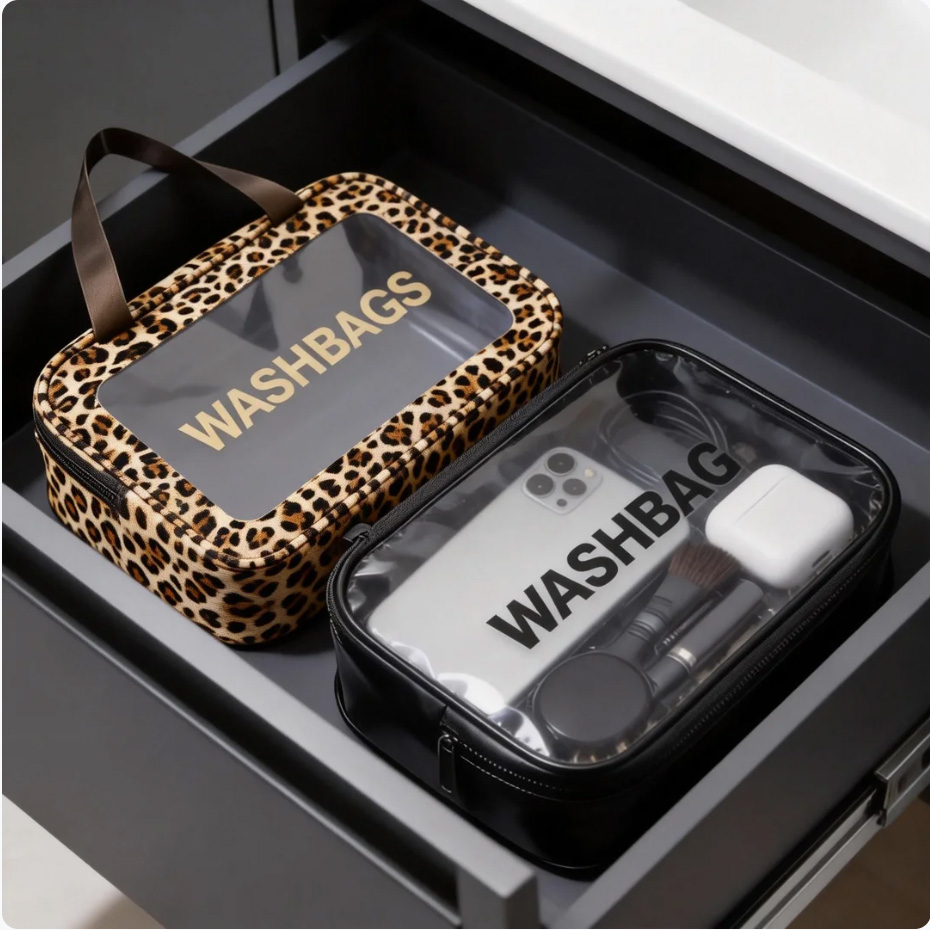 Zipper closure brown leopard print travel toiletry bag wholesale
