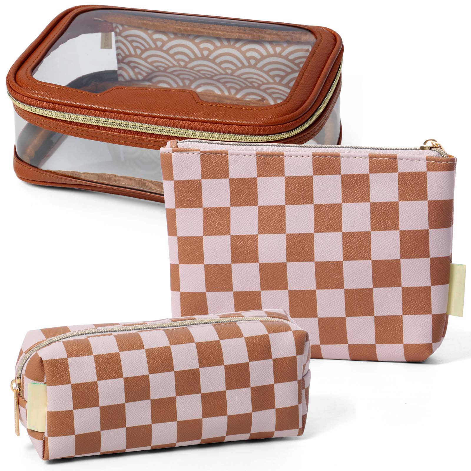 large clear cosmetic bag with saffiano vegan leather trim