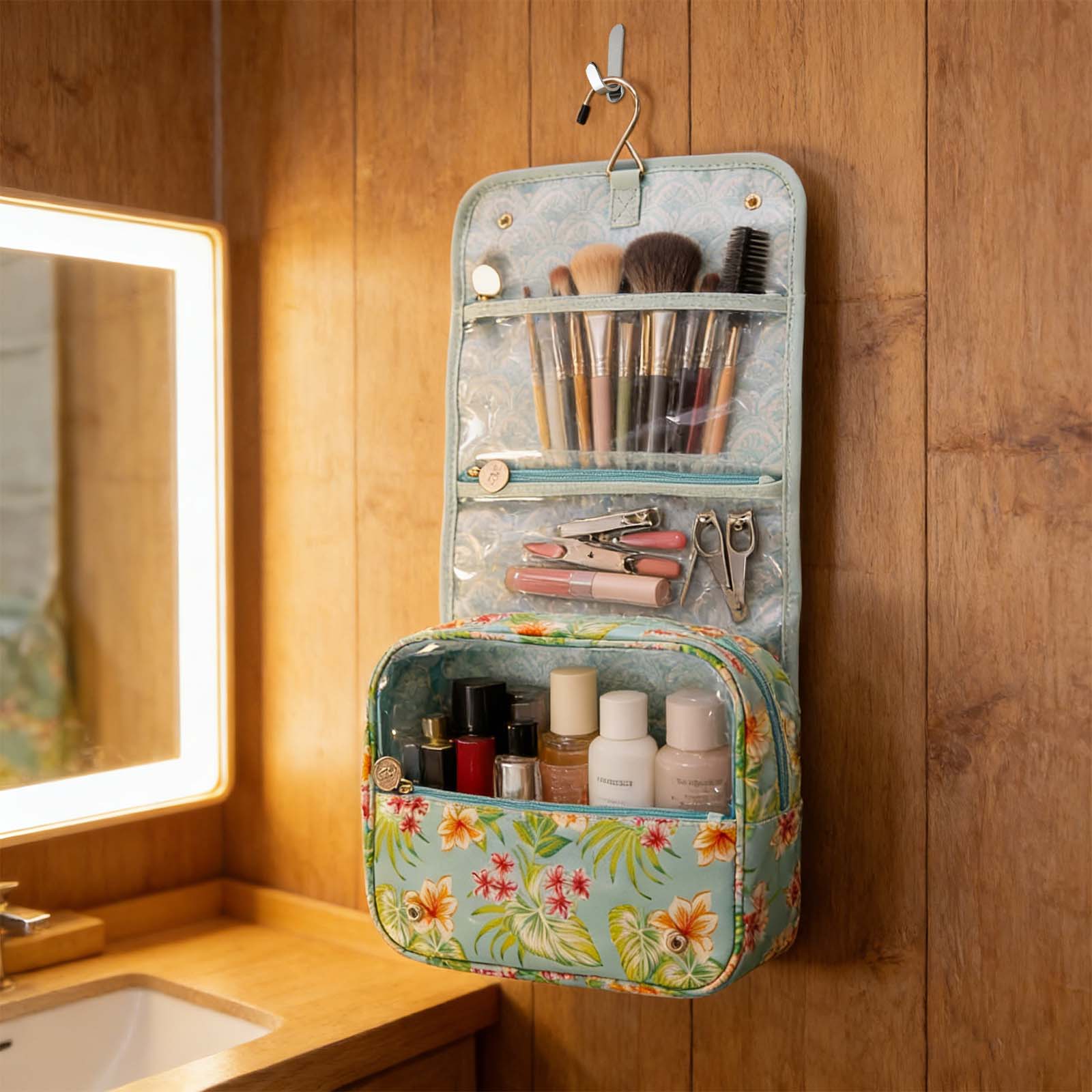 custom print travel wash bag for women with gold hanging hook