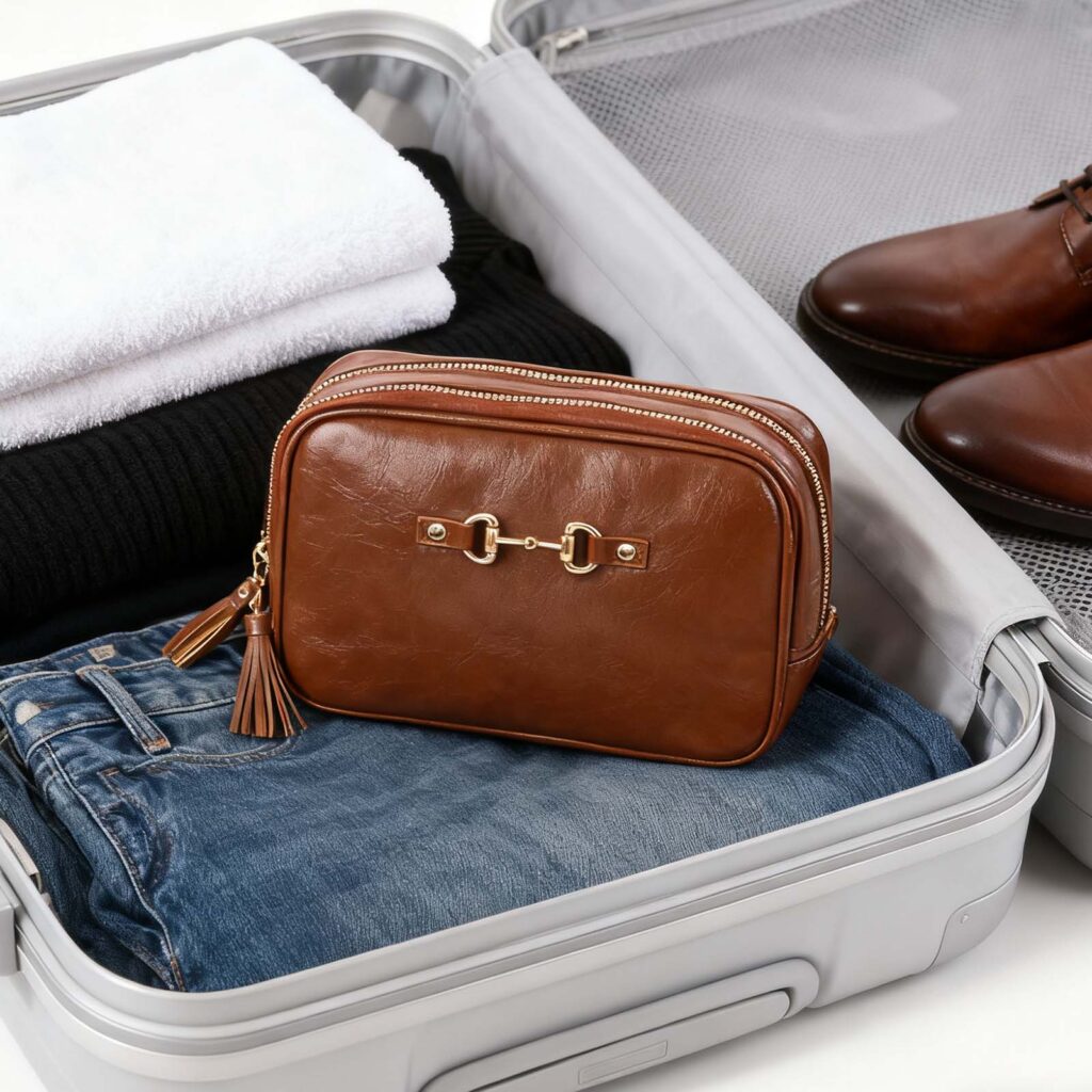 High-end men’s wash bag in vegan leather with gold metal hardware.