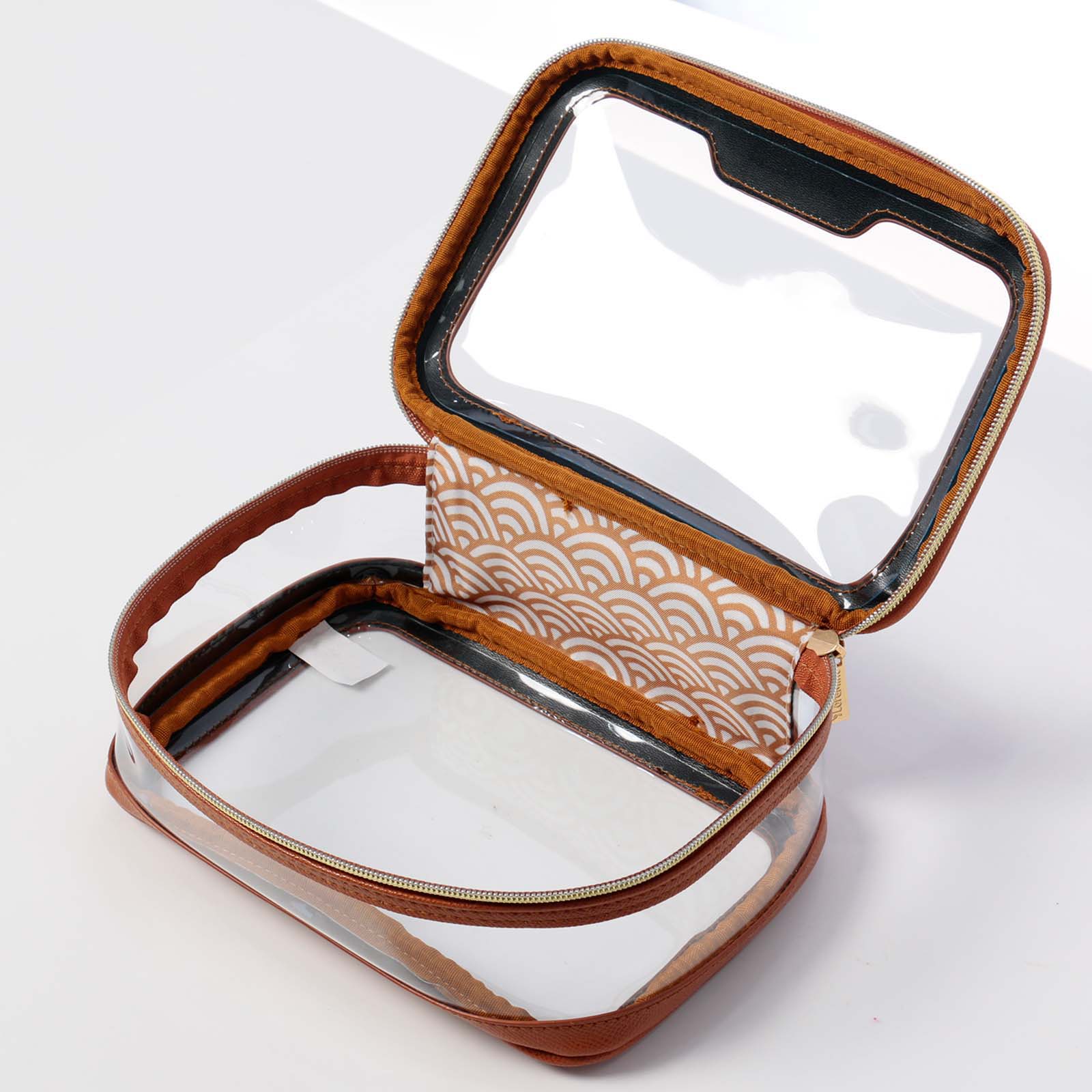 clear travel toiletry bag with PU leather trim and zipper wholesale