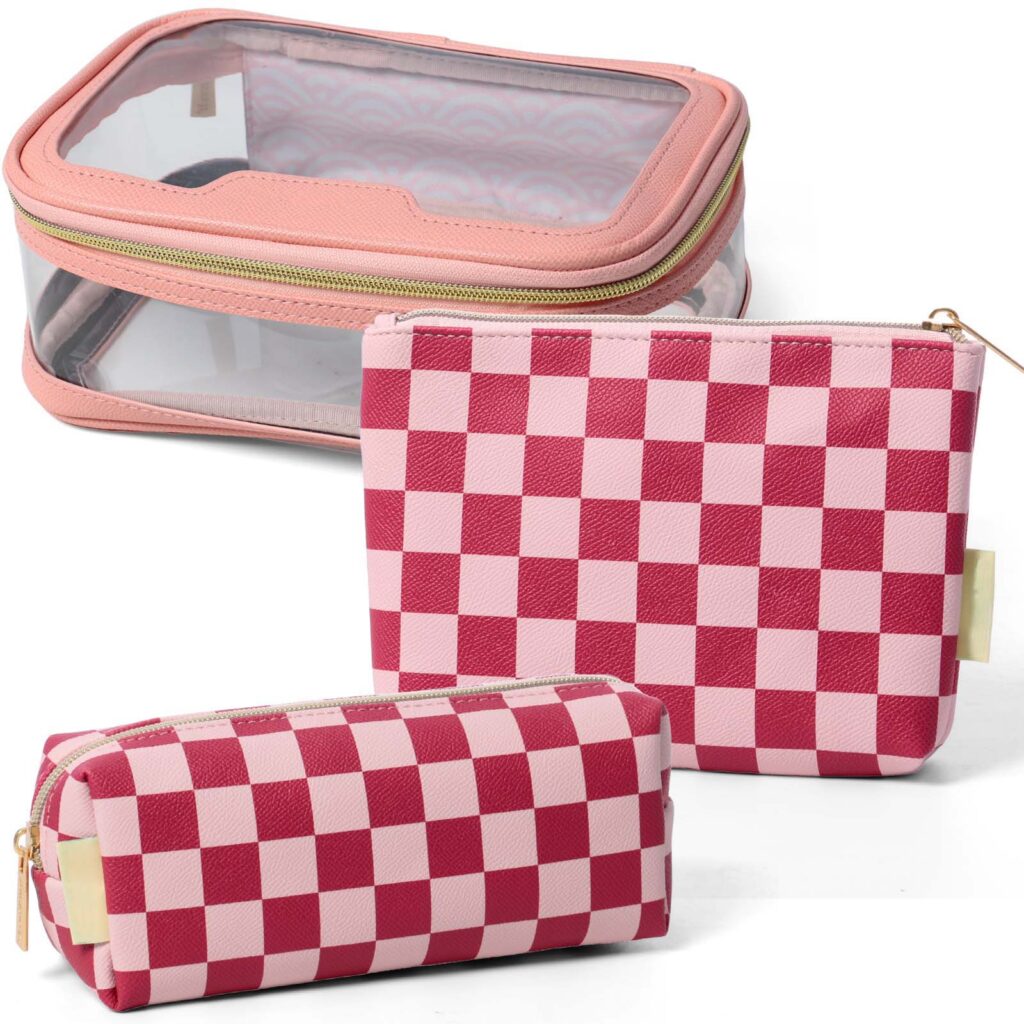 custom printed 3 piece travel wash bag set with clear cosmetic organizer