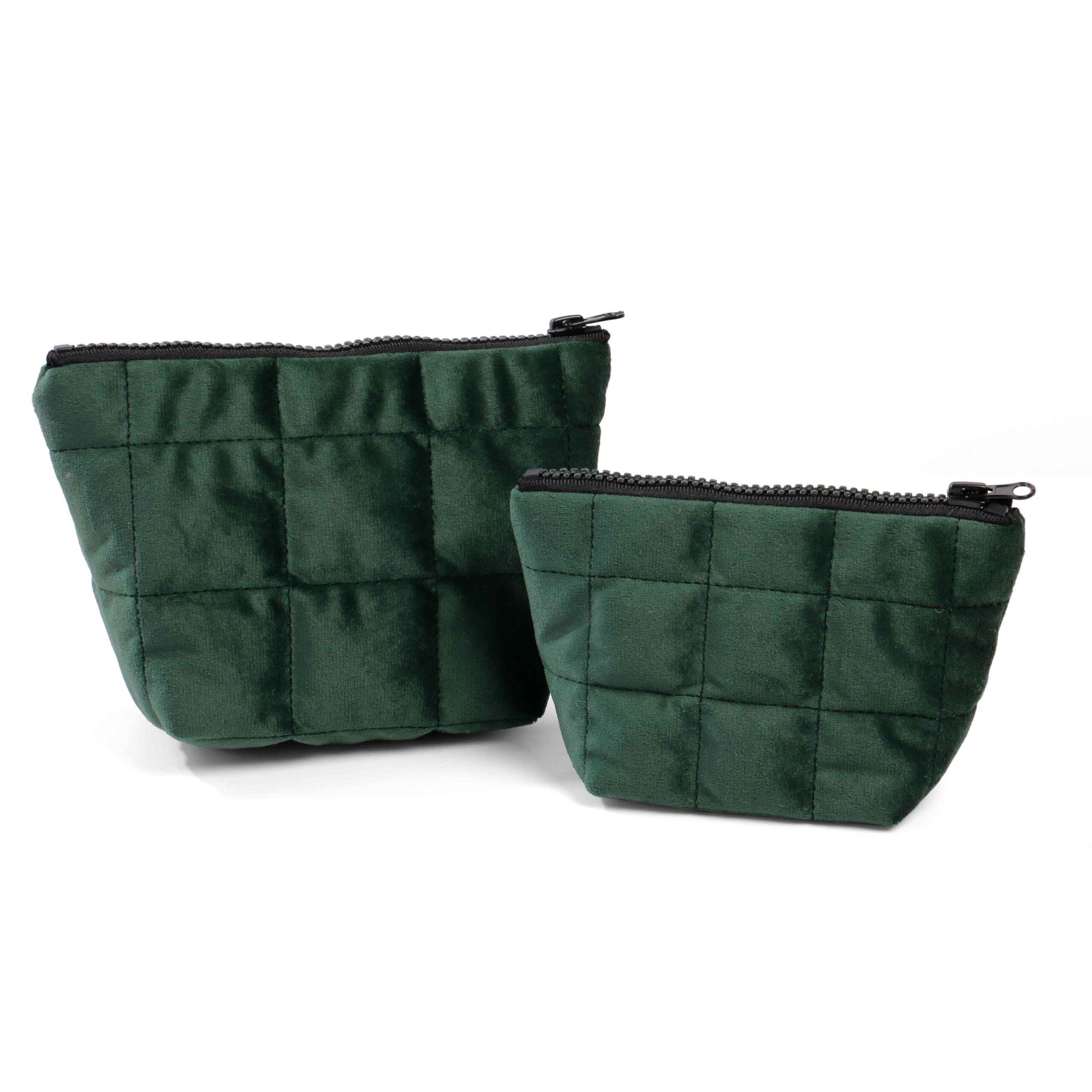 Green-velvet-quilted-pouch/ Image/ ALT green velvet quilted cosmetic pouch with zipper