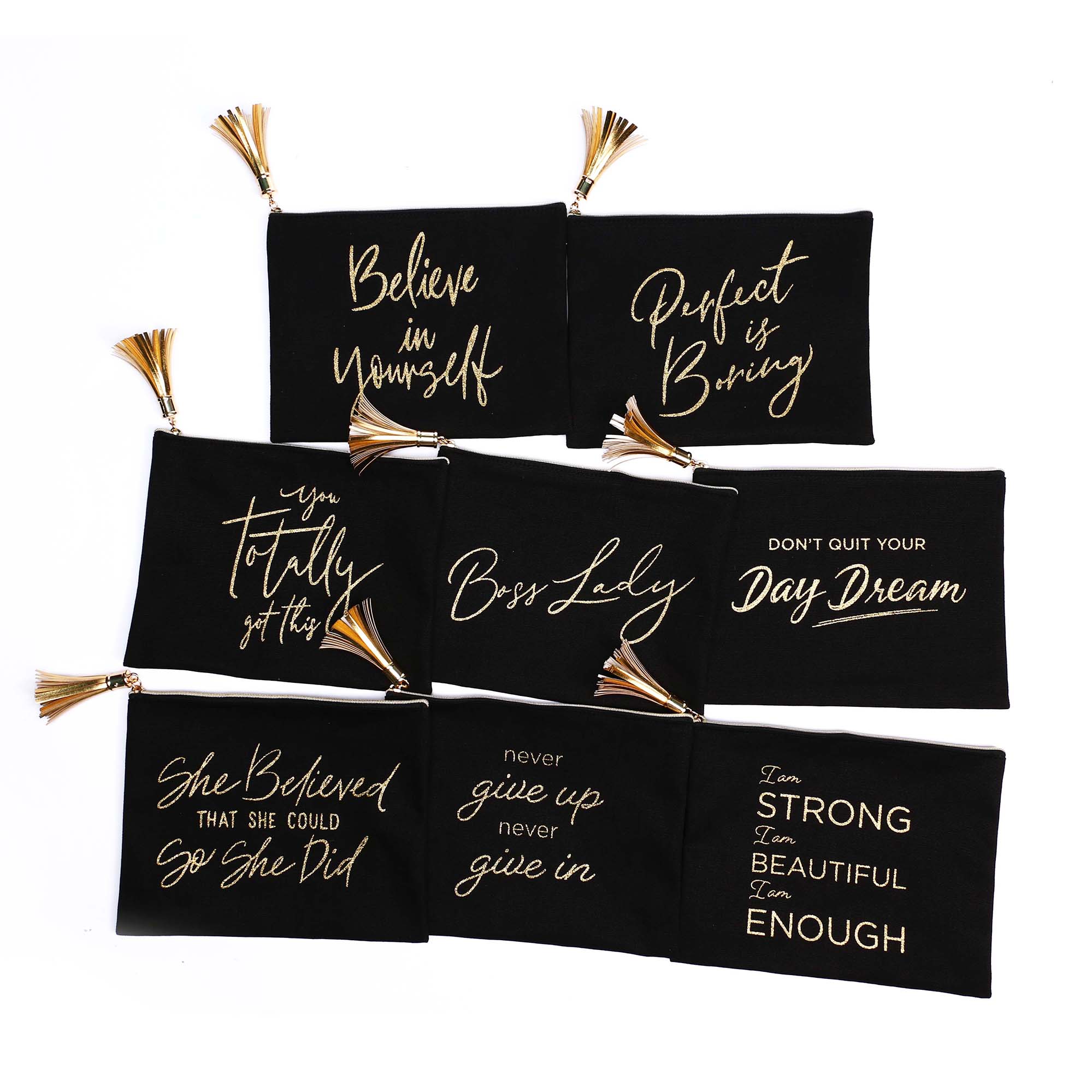 gold saying printed cotton flat pouch factory