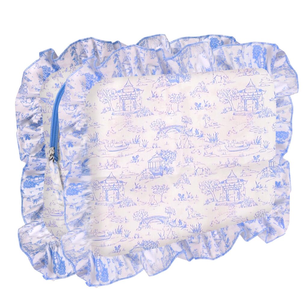 Toile ruffled edges makeup pouch factory