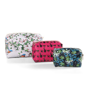 assorted print cosmetic bags set with white bird floral, pink black cat, and navy blue floral patterns