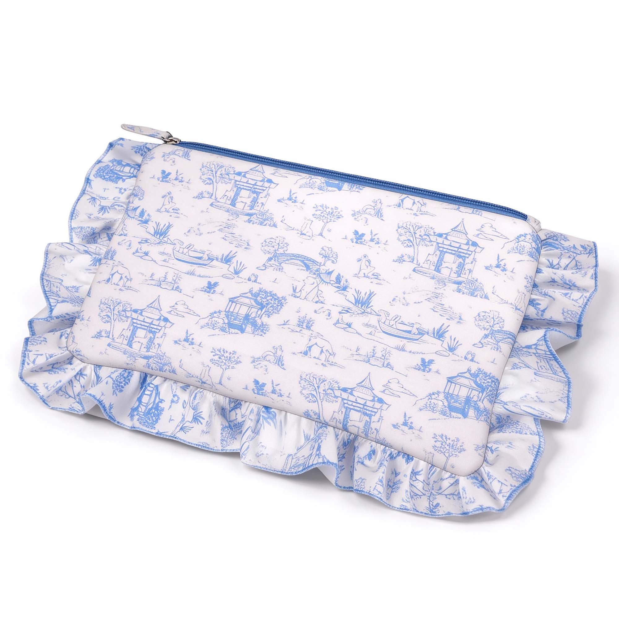 printed toile cosmetic bag with lavender pattern