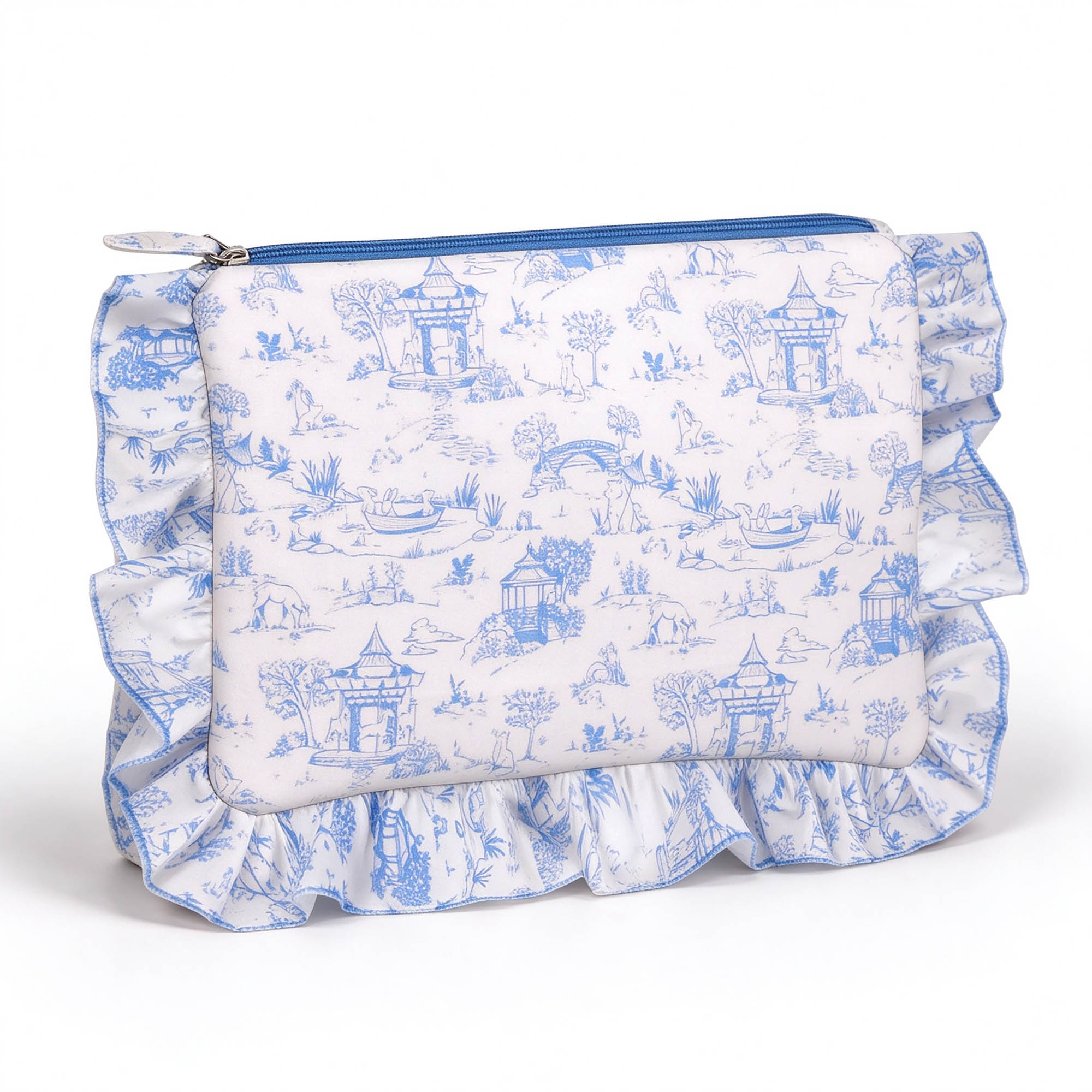 Toile ruffled edges makeup pouch factory